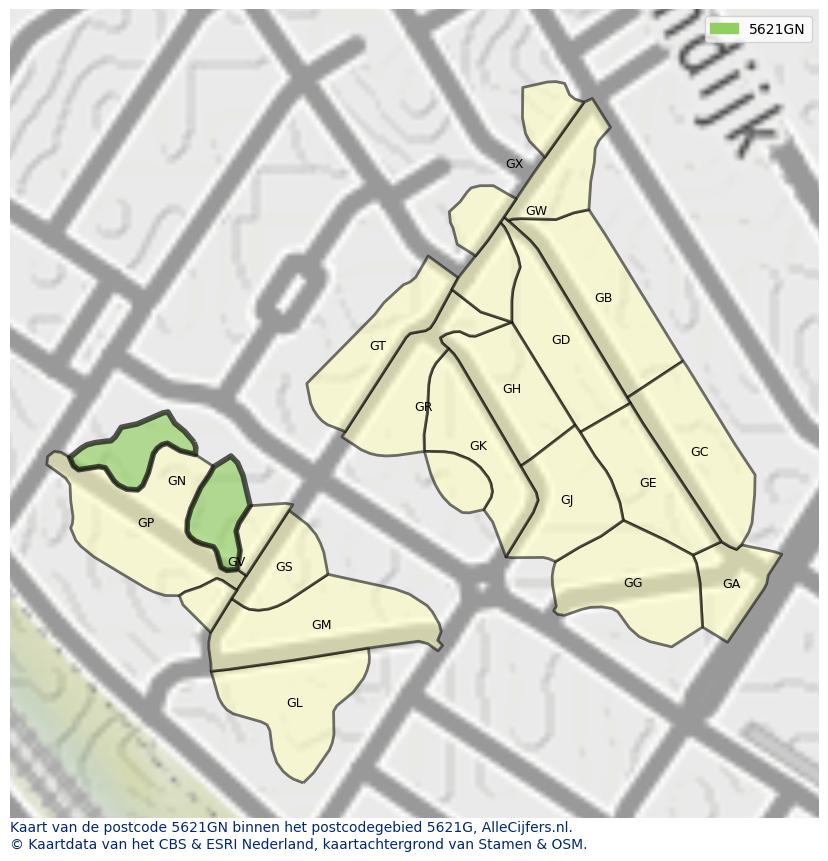 Afbeelding van het postcodegebied 5621 GN op de kaart.