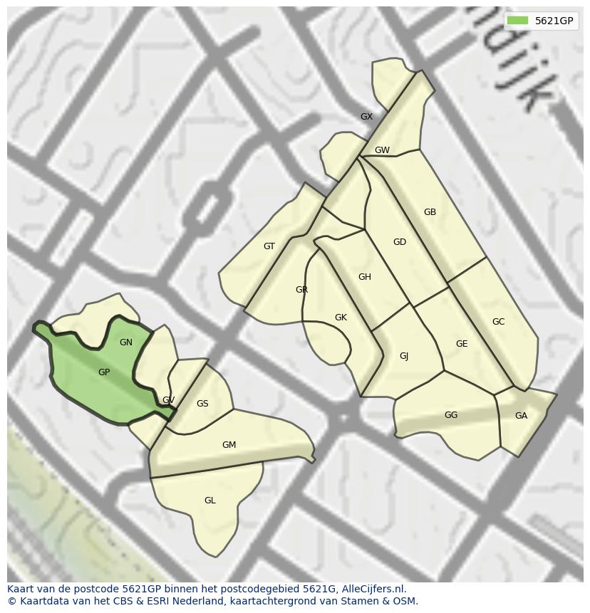 Afbeelding van het postcodegebied 5621 GP op de kaart.
