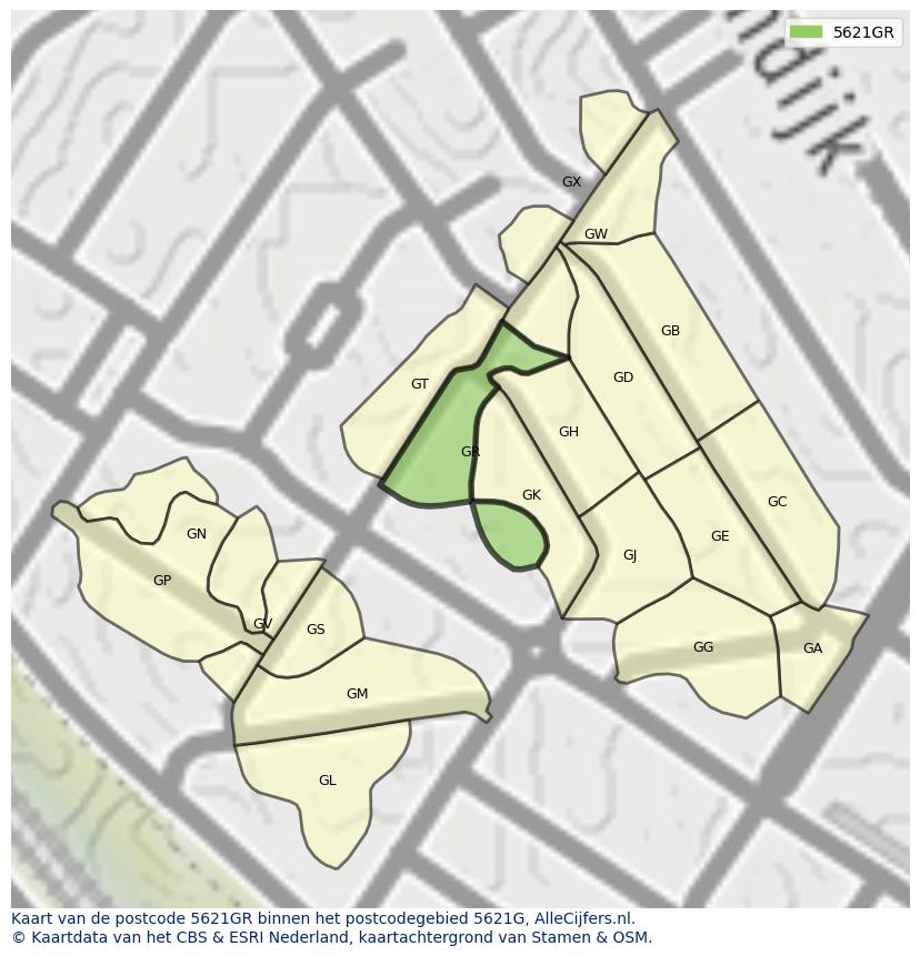 Afbeelding van het postcodegebied 5621 GR op de kaart.