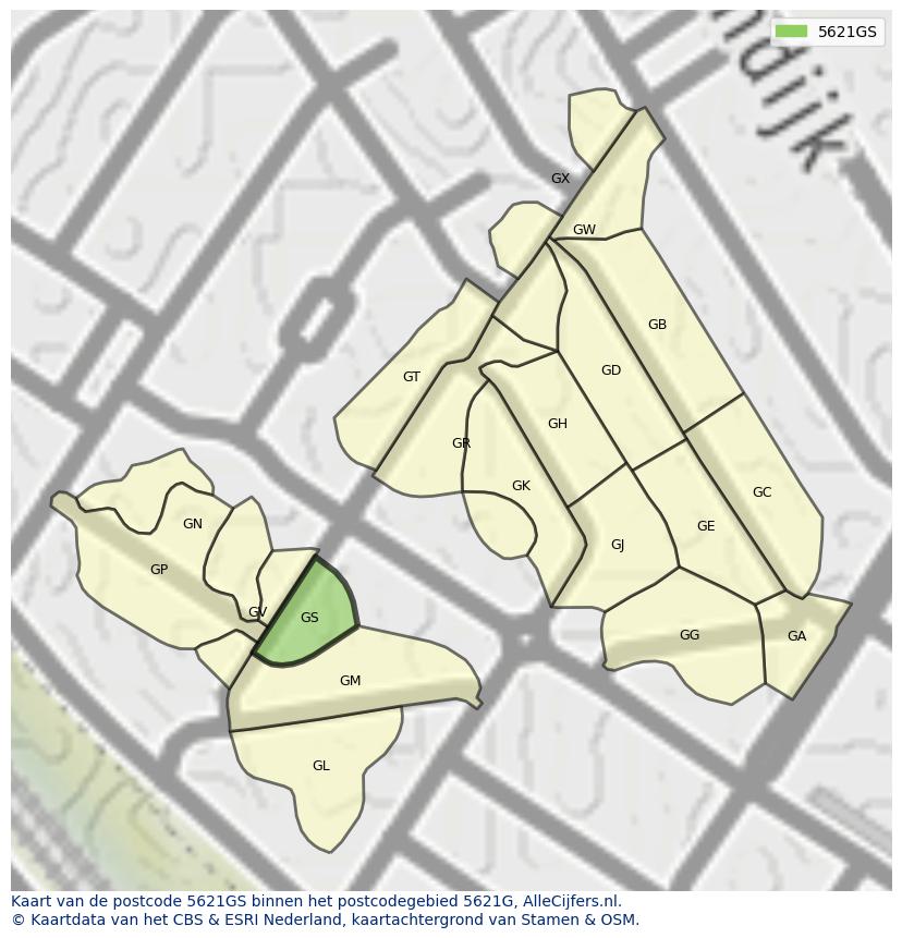 Afbeelding van het postcodegebied 5621 GS op de kaart.
