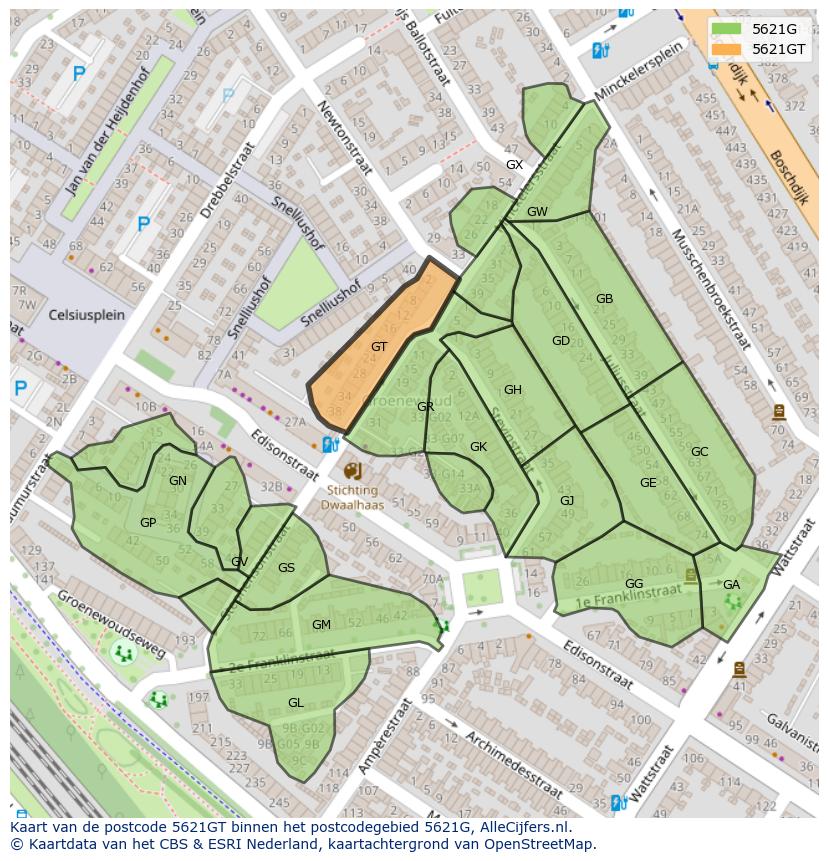 Afbeelding van het postcodegebied 5621 GT op de kaart.