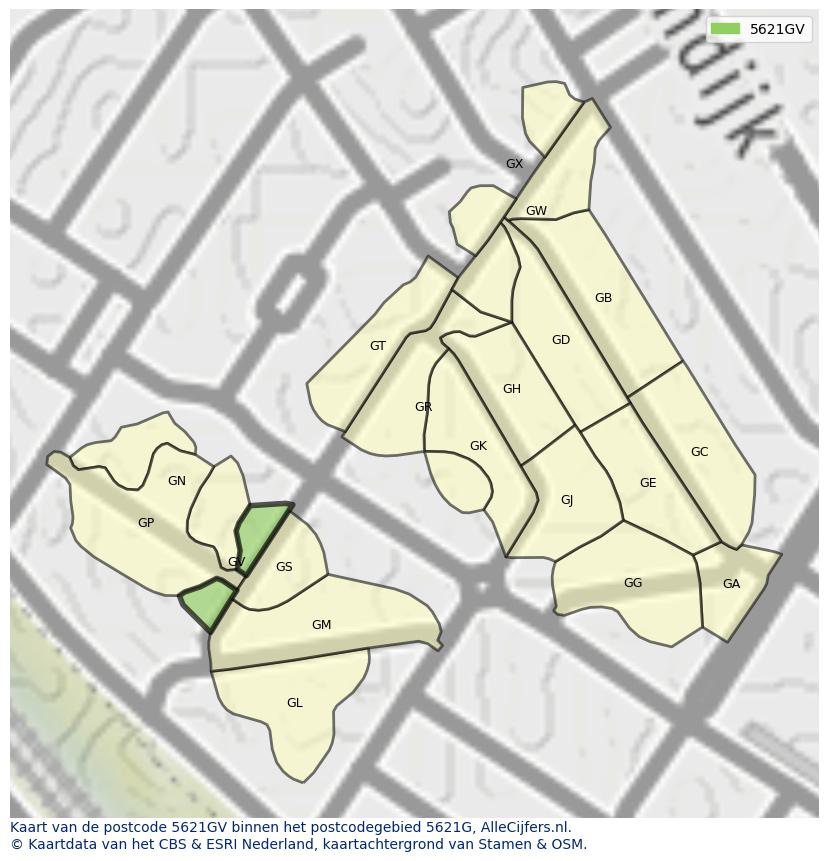 Afbeelding van het postcodegebied 5621 GV op de kaart.