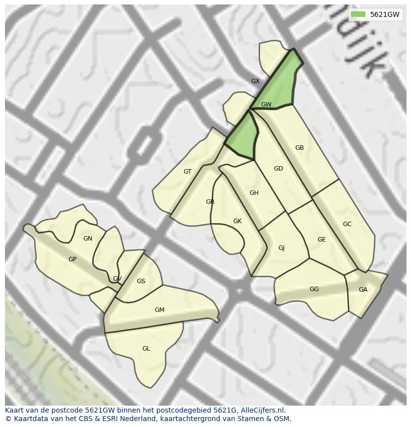 Afbeelding van het postcodegebied 5621 GW op de kaart.