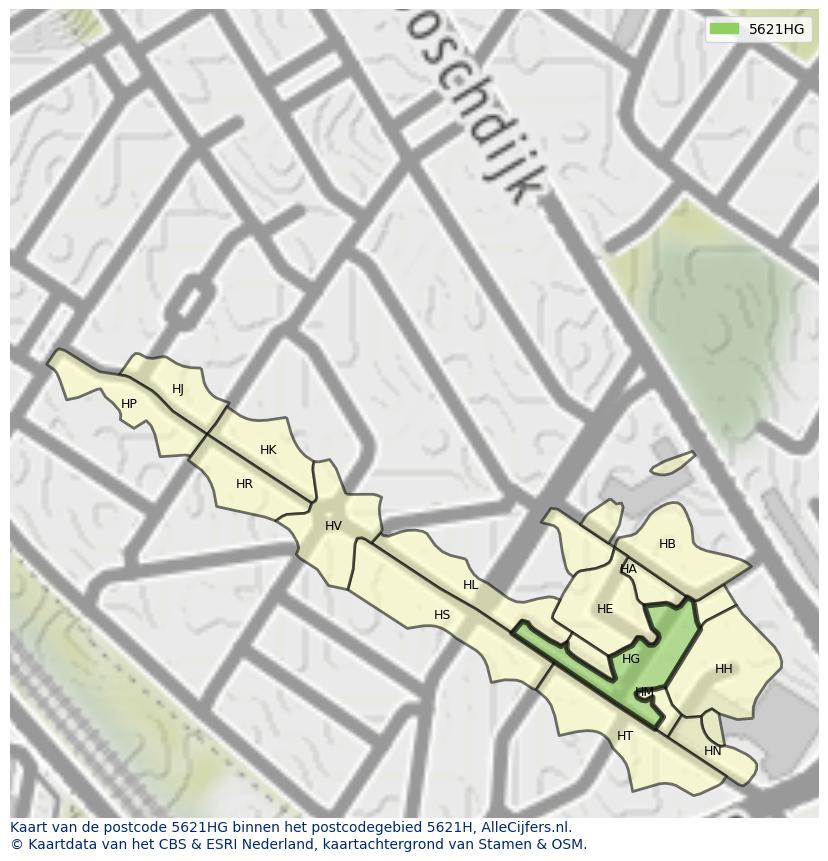 Afbeelding van het postcodegebied 5621 HG op de kaart.