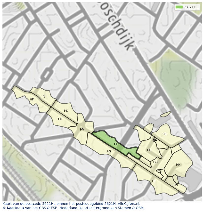 Afbeelding van het postcodegebied 5621 HL op de kaart.