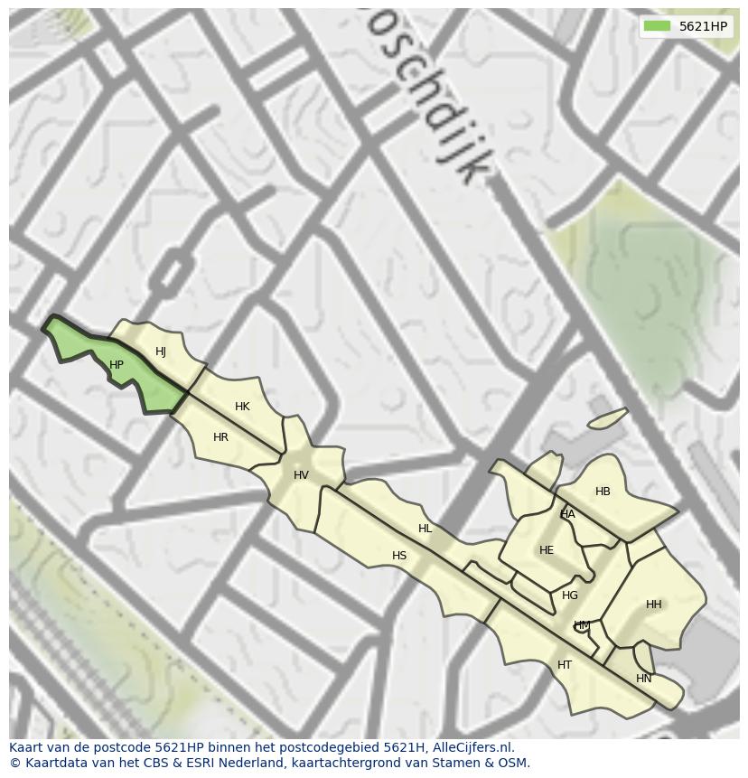 Afbeelding van het postcodegebied 5621 HP op de kaart.
