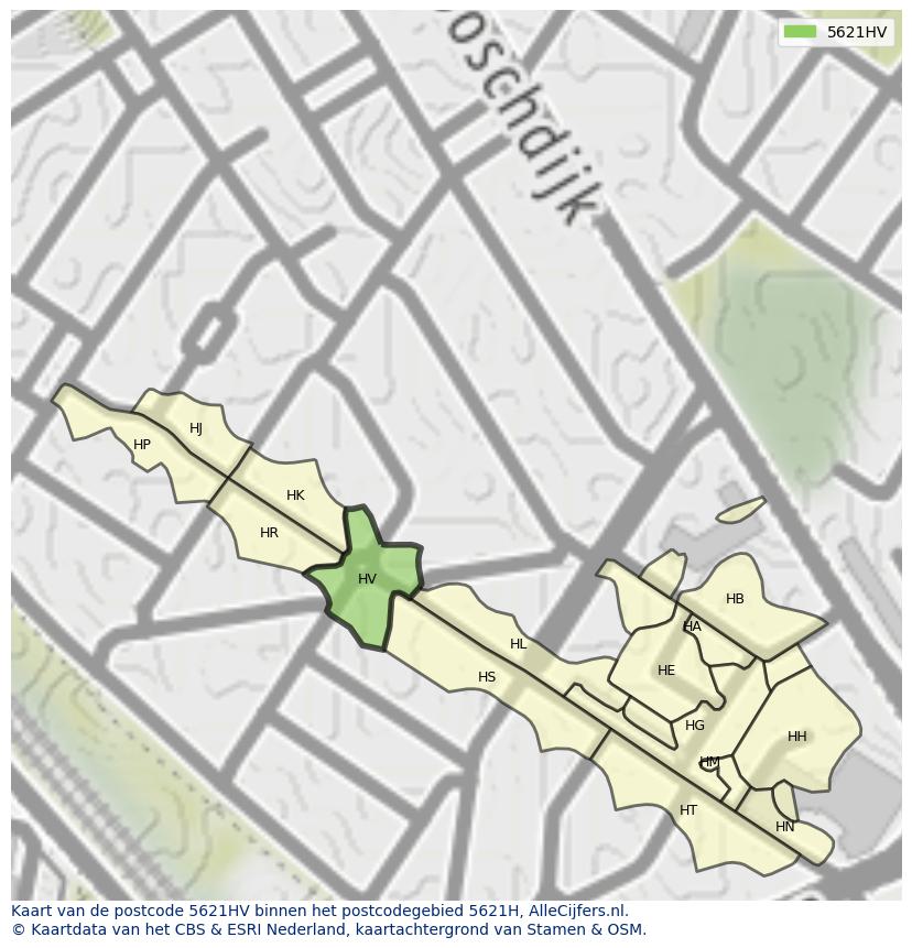Afbeelding van het postcodegebied 5621 HV op de kaart.