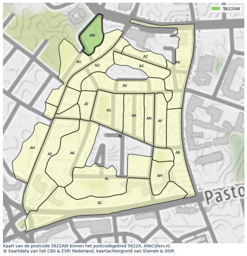 Afbeelding van het postcodegebied 5622 AW op de kaart.