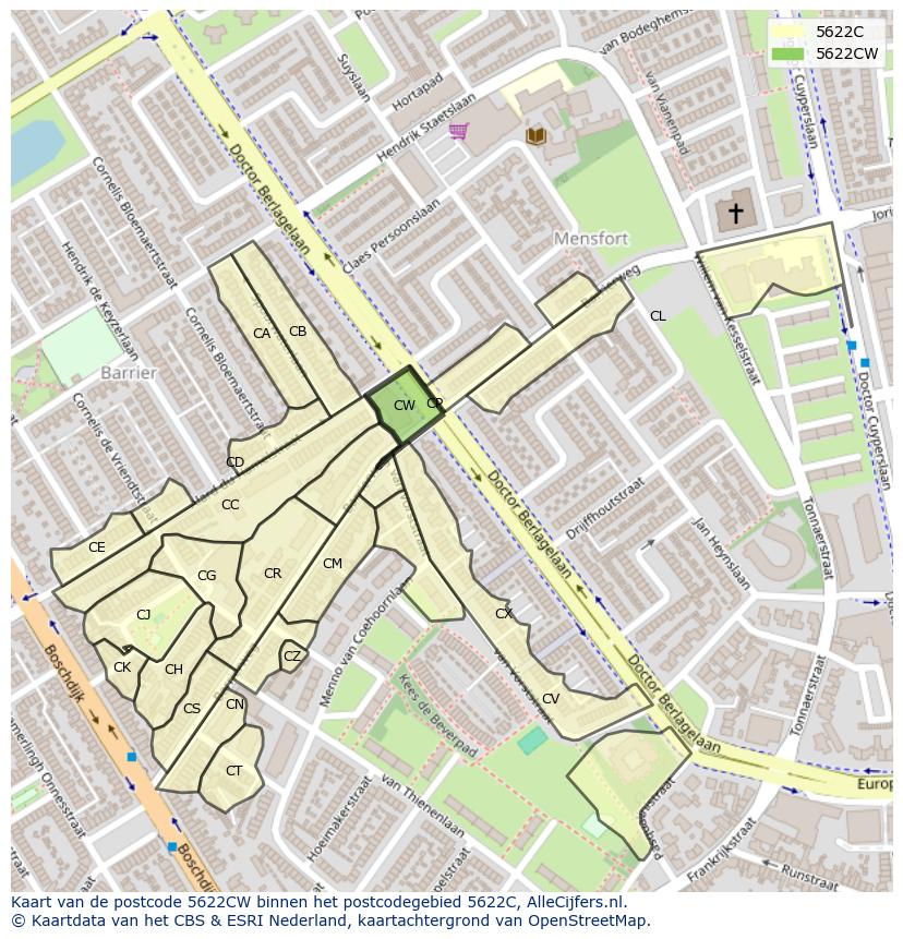 Afbeelding van het postcodegebied 5622 CW op de kaart.