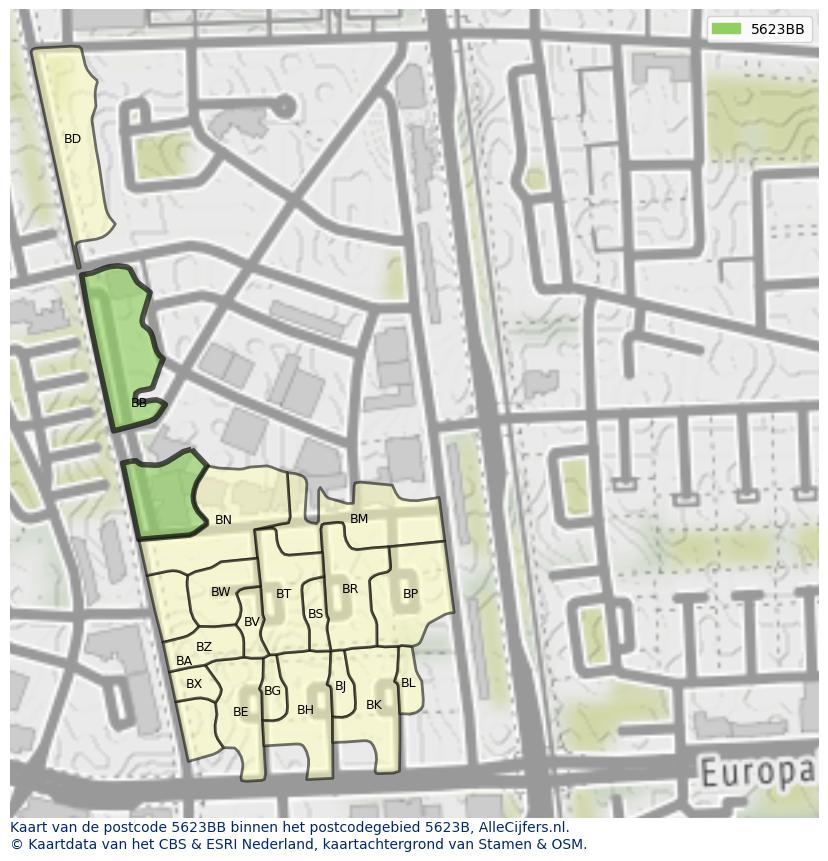 Afbeelding van het postcodegebied 5623 BB op de kaart.