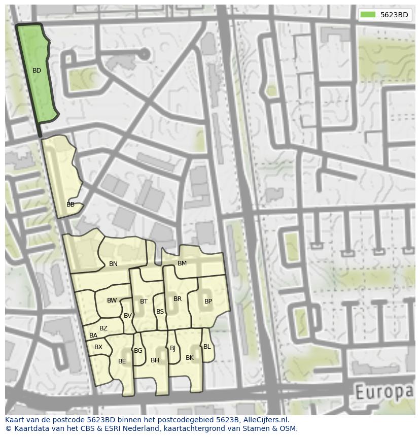 Afbeelding van het postcodegebied 5623 BD op de kaart.