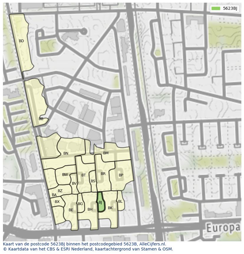 Afbeelding van het postcodegebied 5623 BJ op de kaart.
