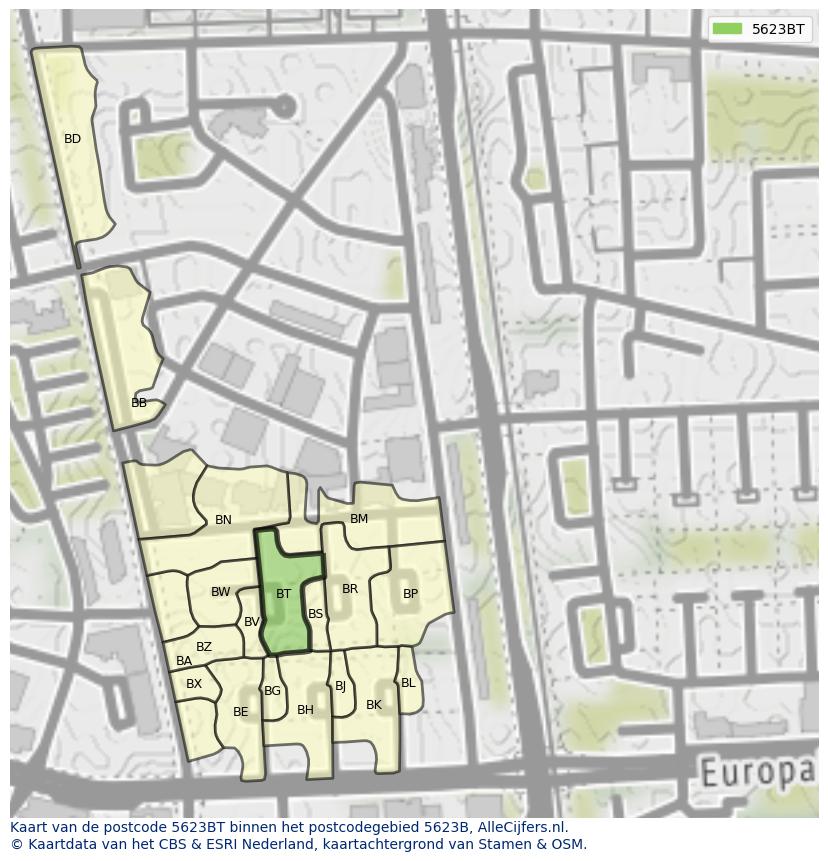 Afbeelding van het postcodegebied 5623 BT op de kaart.
