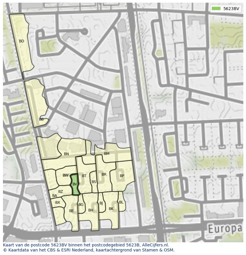 Afbeelding van het postcodegebied 5623 BV op de kaart.