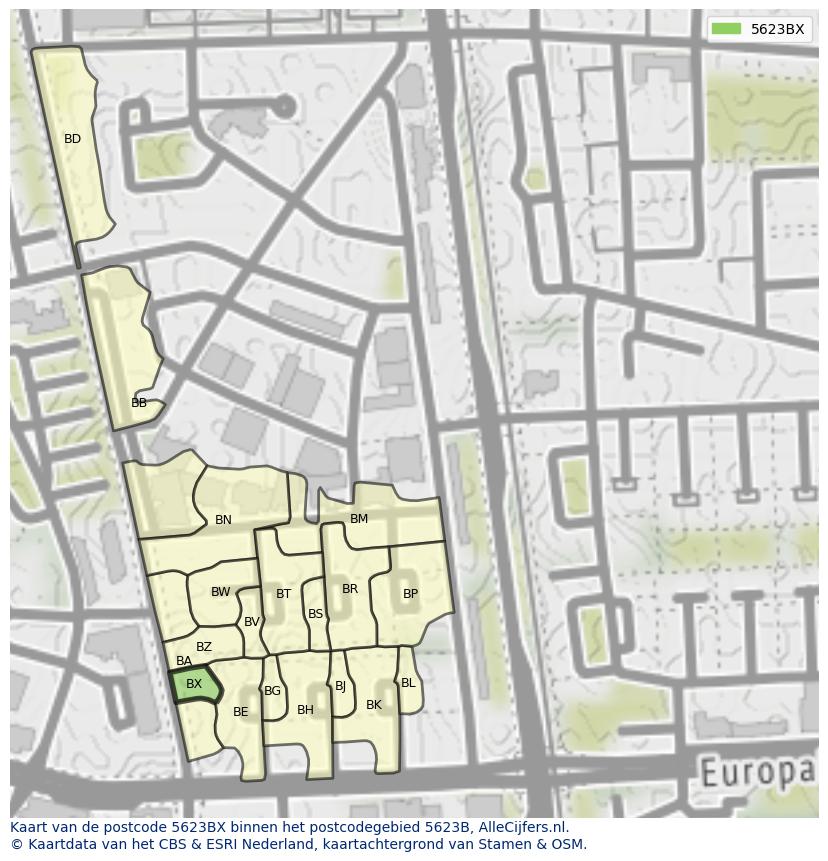 Afbeelding van het postcodegebied 5623 BX op de kaart.