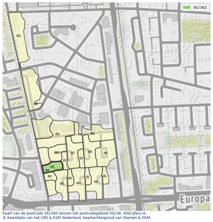 Afbeelding van het postcodegebied 5623 BZ op de kaart.