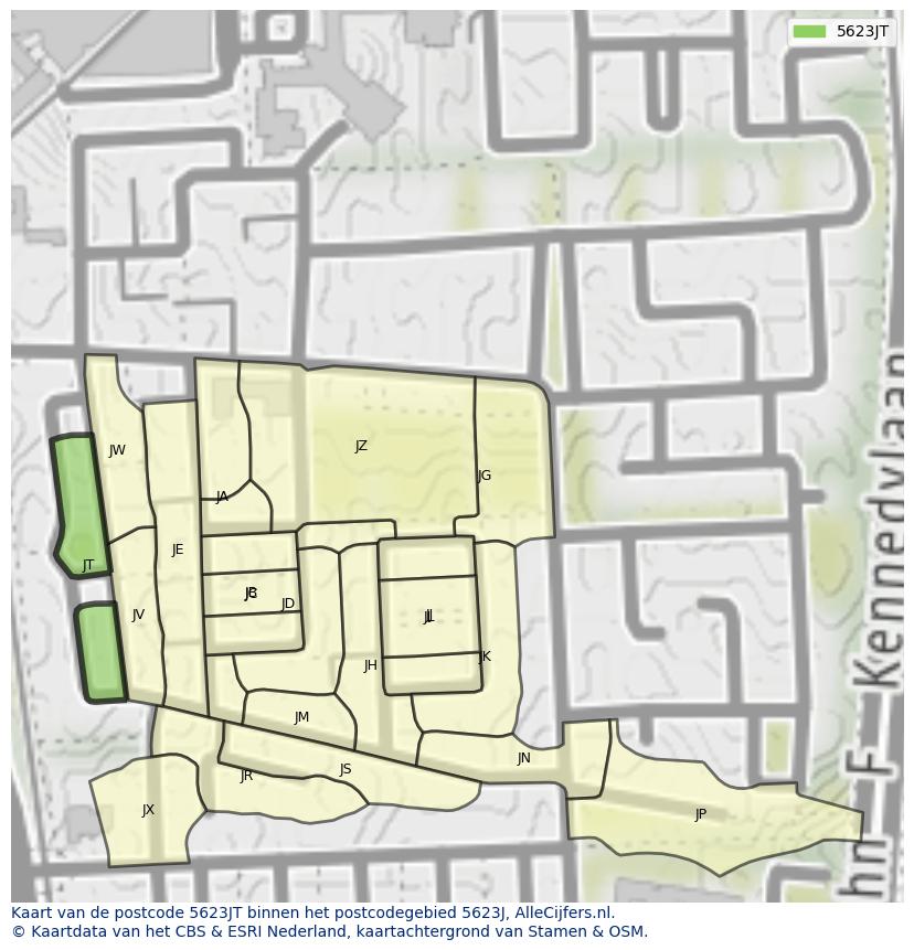 Afbeelding van het postcodegebied 5623 JT op de kaart.