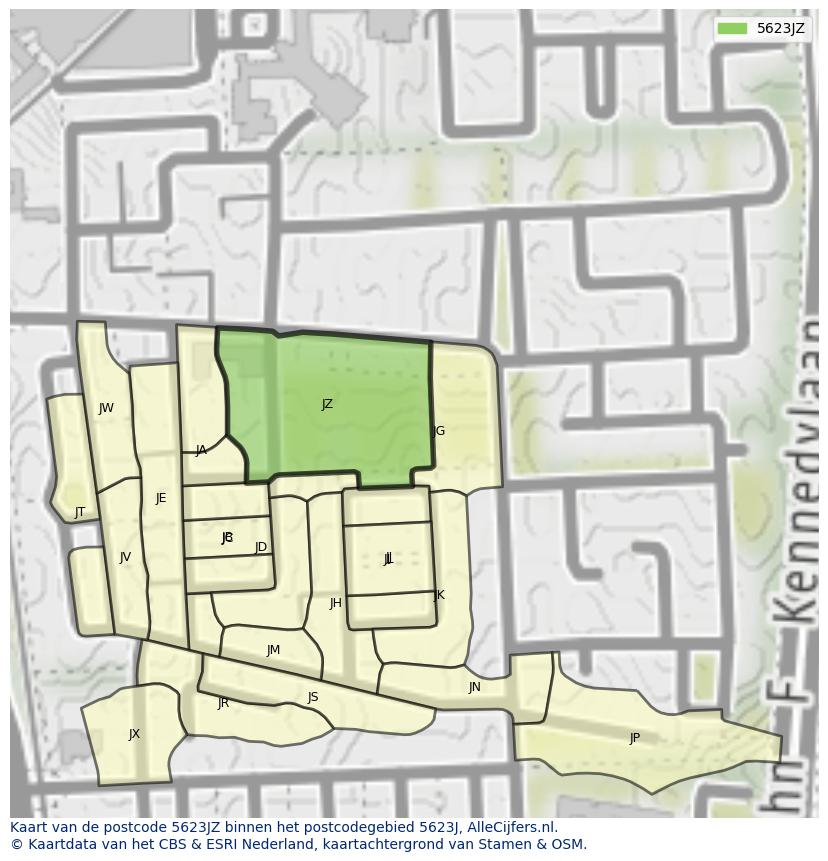 Afbeelding van het postcodegebied 5623 JZ op de kaart.