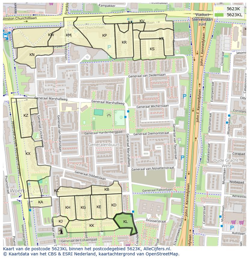 Afbeelding van het postcodegebied 5623 KL op de kaart.