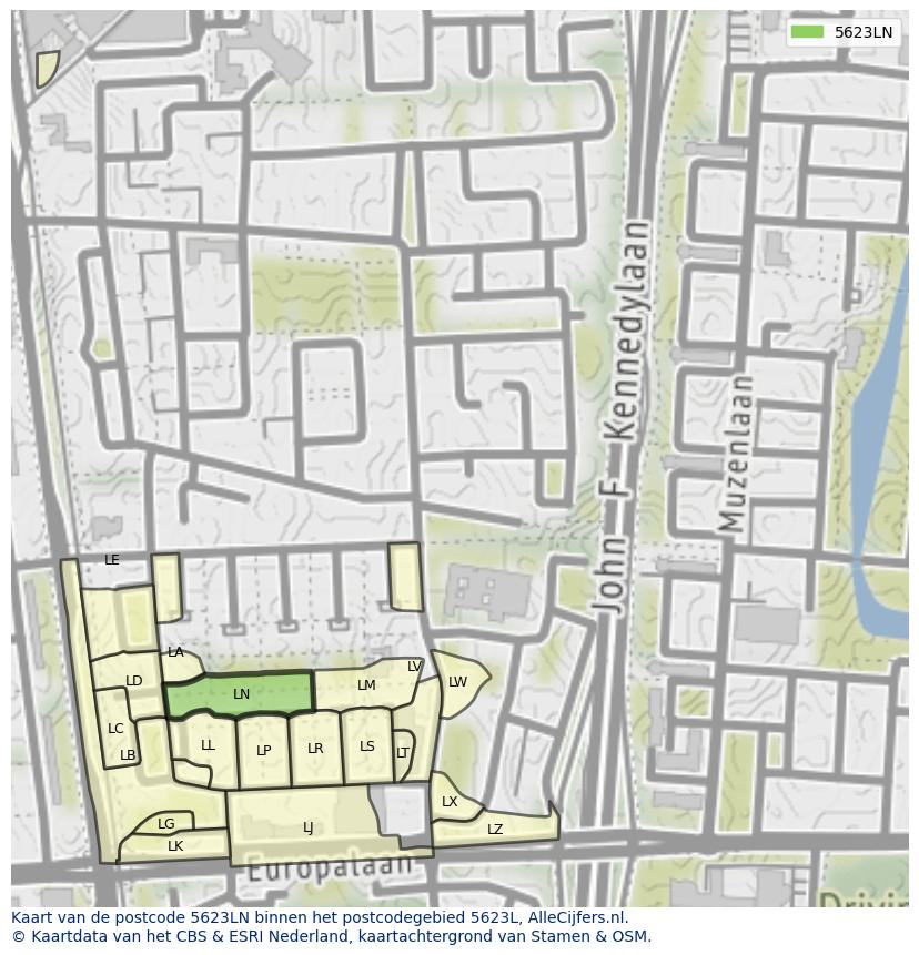 Afbeelding van het postcodegebied 5623 LN op de kaart.