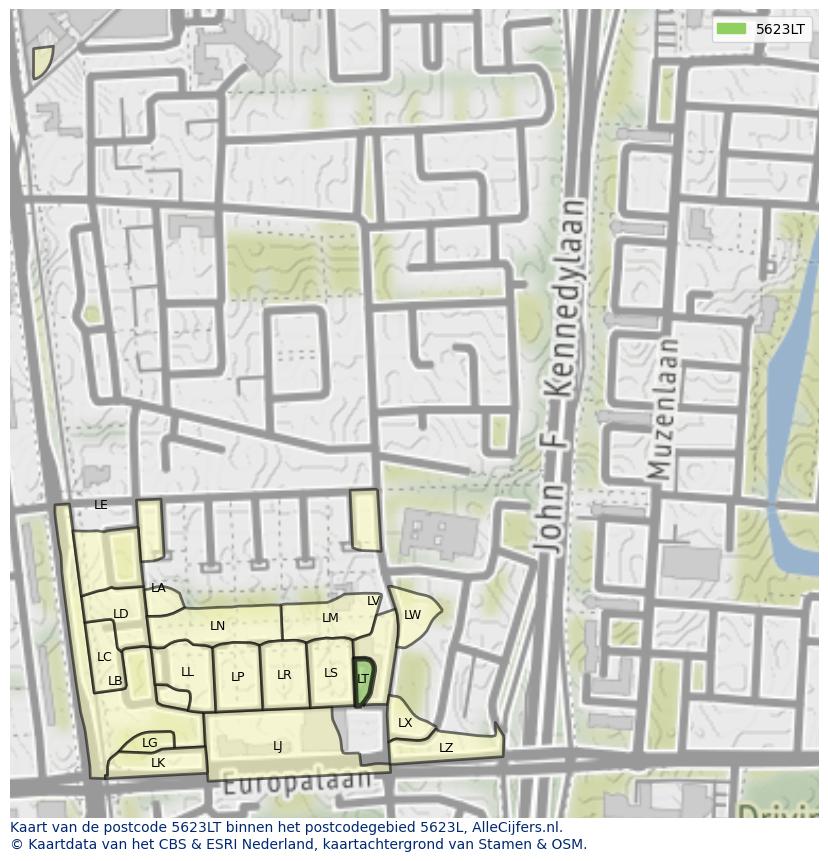 Afbeelding van het postcodegebied 5623 LT op de kaart.