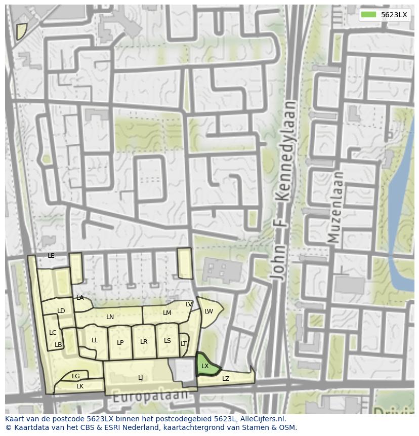 Afbeelding van het postcodegebied 5623 LX op de kaart.