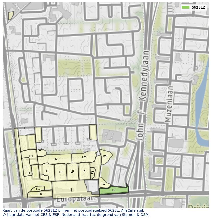 Afbeelding van het postcodegebied 5623 LZ op de kaart.