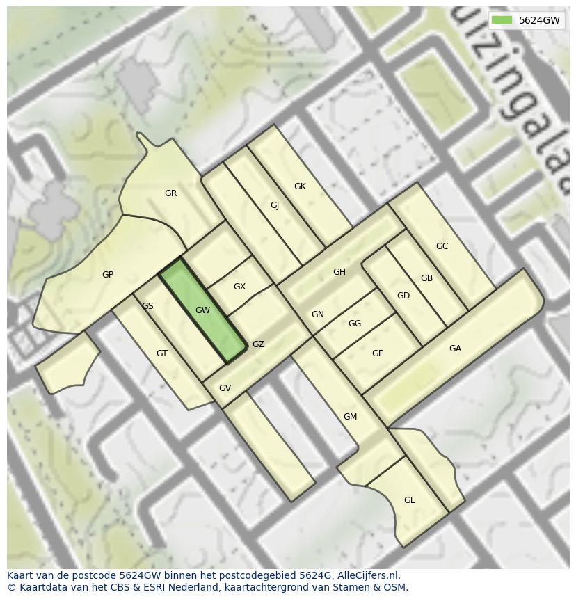 Afbeelding van het postcodegebied 5624 GW op de kaart.