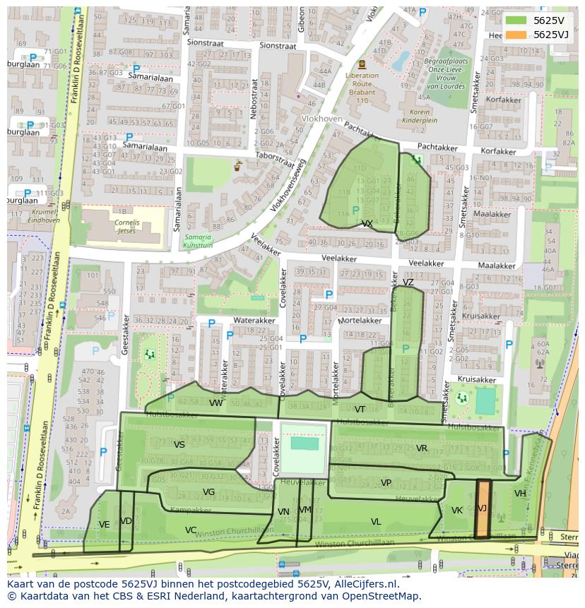 Afbeelding van het postcodegebied 5625 VJ op de kaart.