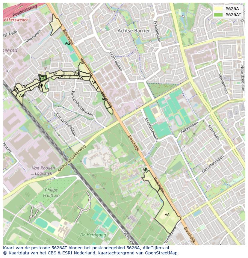 Afbeelding van het postcodegebied 5626 AT op de kaart.