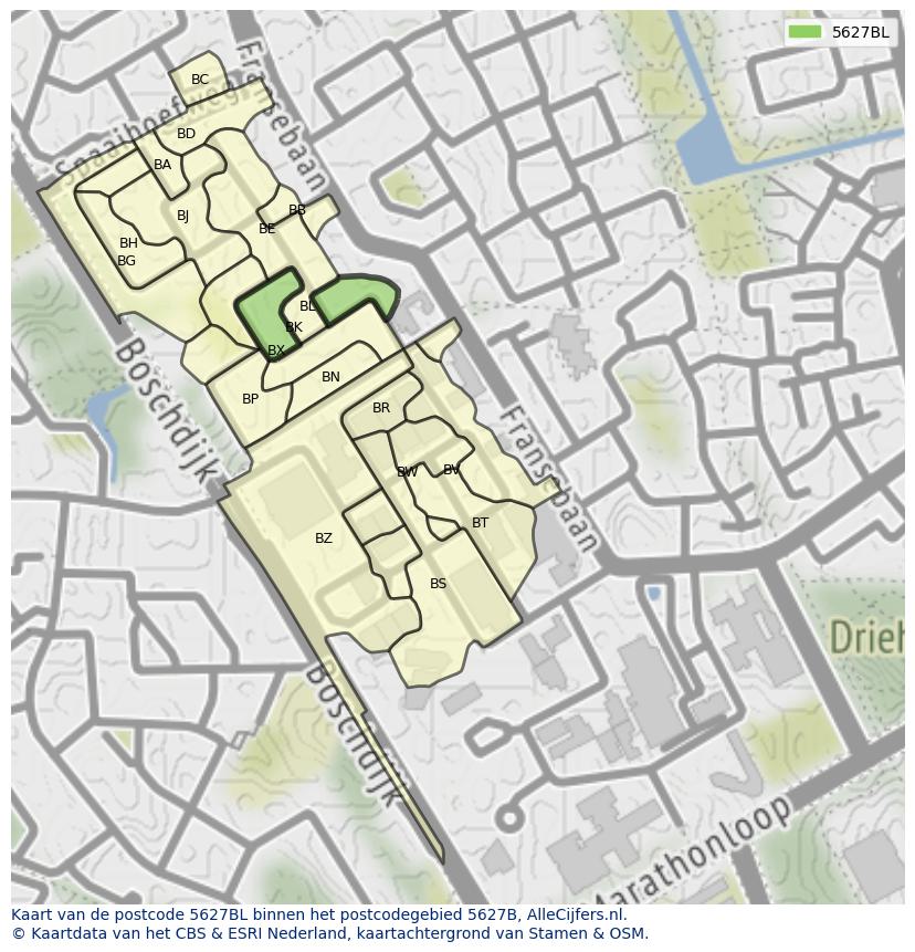 Afbeelding van het postcodegebied 5627 BL op de kaart.