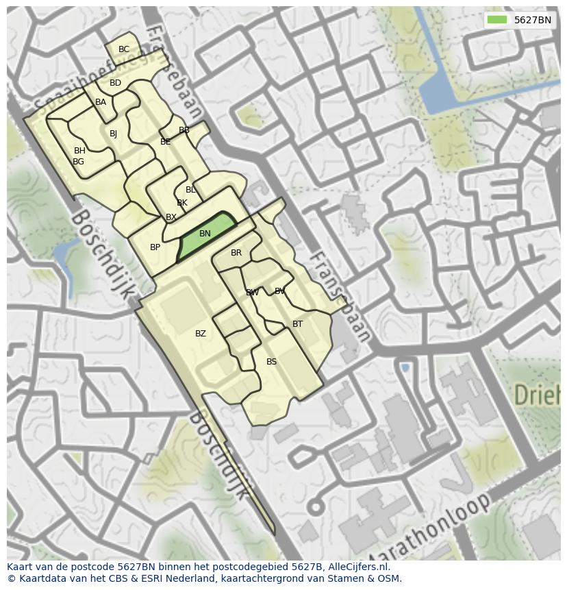 Afbeelding van het postcodegebied 5627 BN op de kaart.