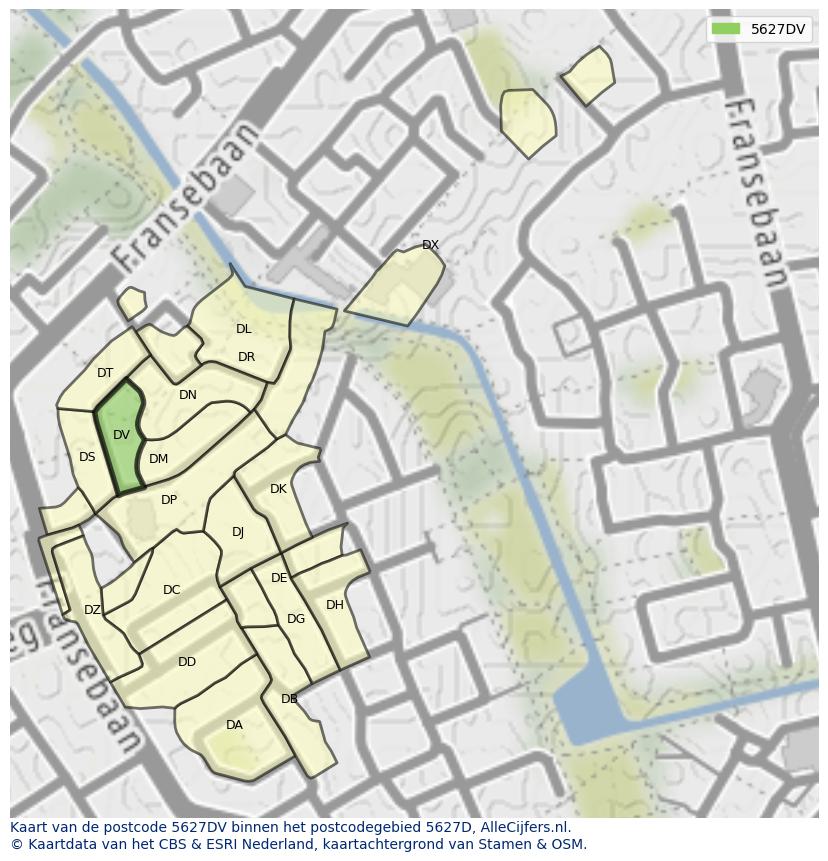 Afbeelding van het postcodegebied 5627 DV op de kaart.