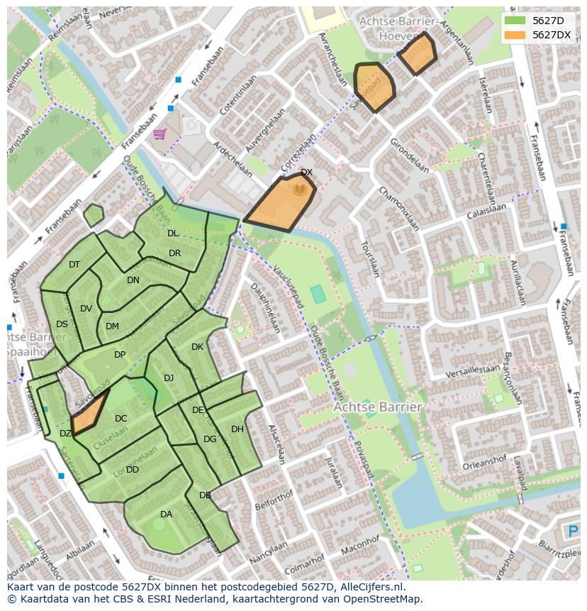 Afbeelding van het postcodegebied 5627 DX op de kaart.
