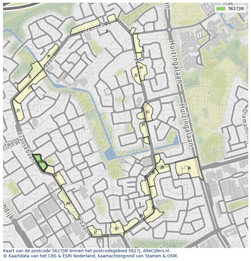 Afbeelding van het postcodegebied 5627 JW op de kaart.