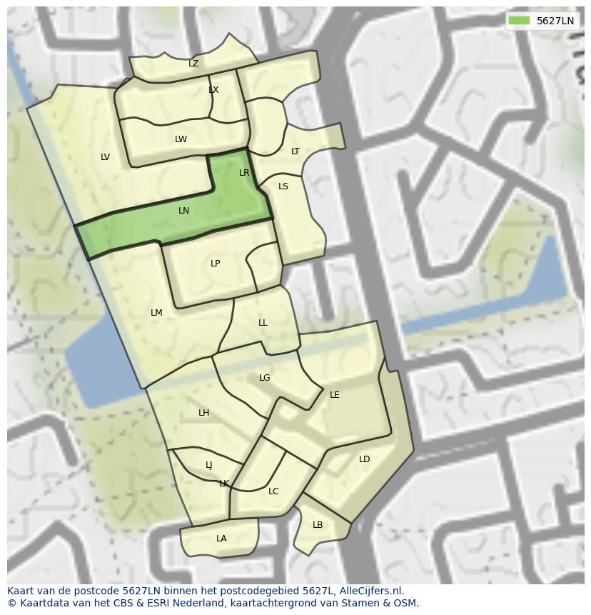 Afbeelding van het postcodegebied 5627 LN op de kaart.