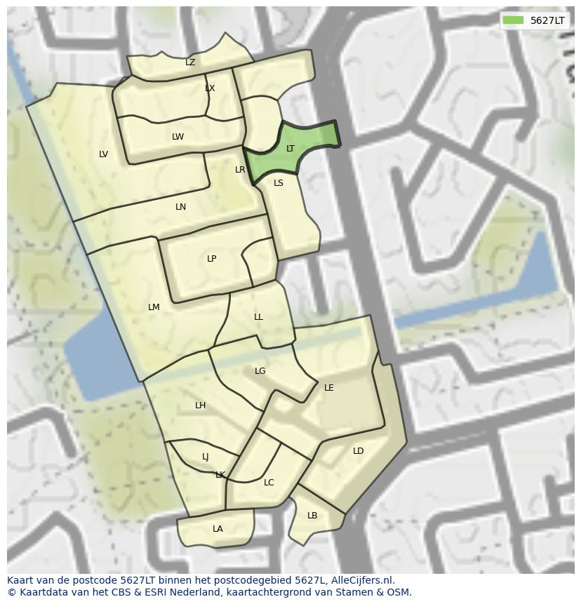 Afbeelding van het postcodegebied 5627 LT op de kaart.