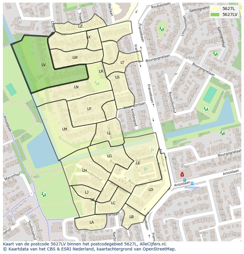 Afbeelding van het postcodegebied 5627 LV op de kaart.