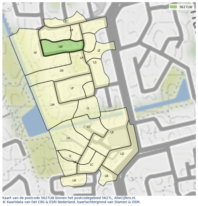 Afbeelding van het postcodegebied 5627 LW op de kaart.