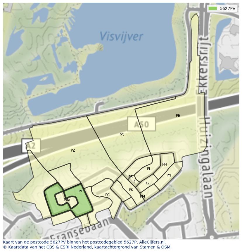Afbeelding van het postcodegebied 5627 PV op de kaart.