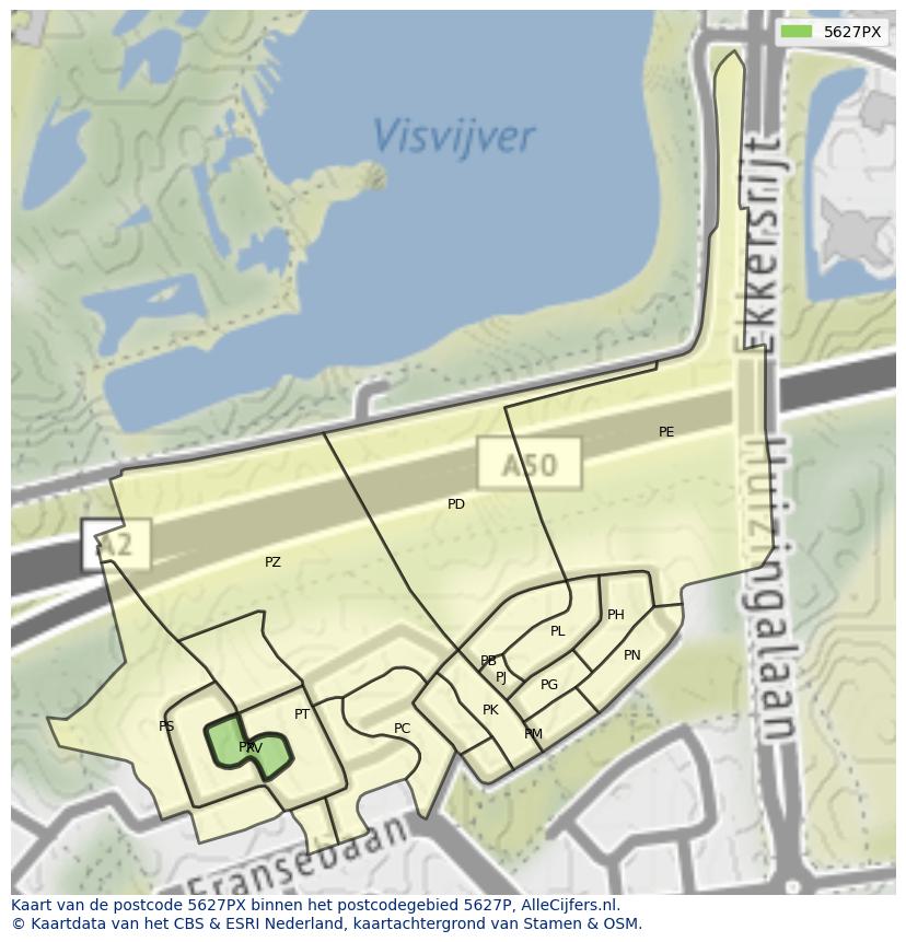 Afbeelding van het postcodegebied 5627 PX op de kaart.