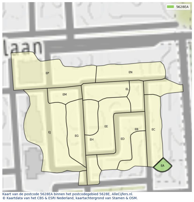 Afbeelding van het postcodegebied 5628 EA op de kaart.