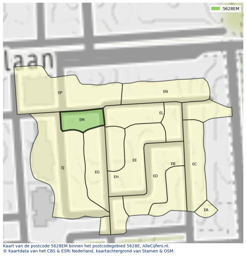Afbeelding van het postcodegebied 5628 EM op de kaart.