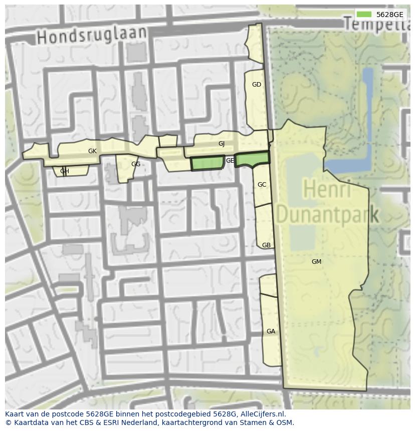 Afbeelding van het postcodegebied 5628 GE op de kaart.