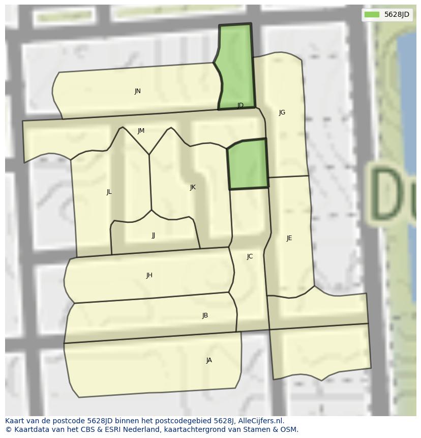 Afbeelding van het postcodegebied 5628 JD op de kaart.