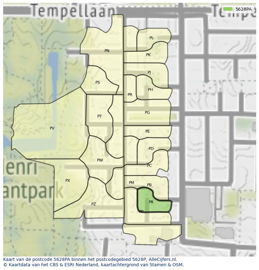 Afbeelding van het postcodegebied 5628 PA op de kaart.