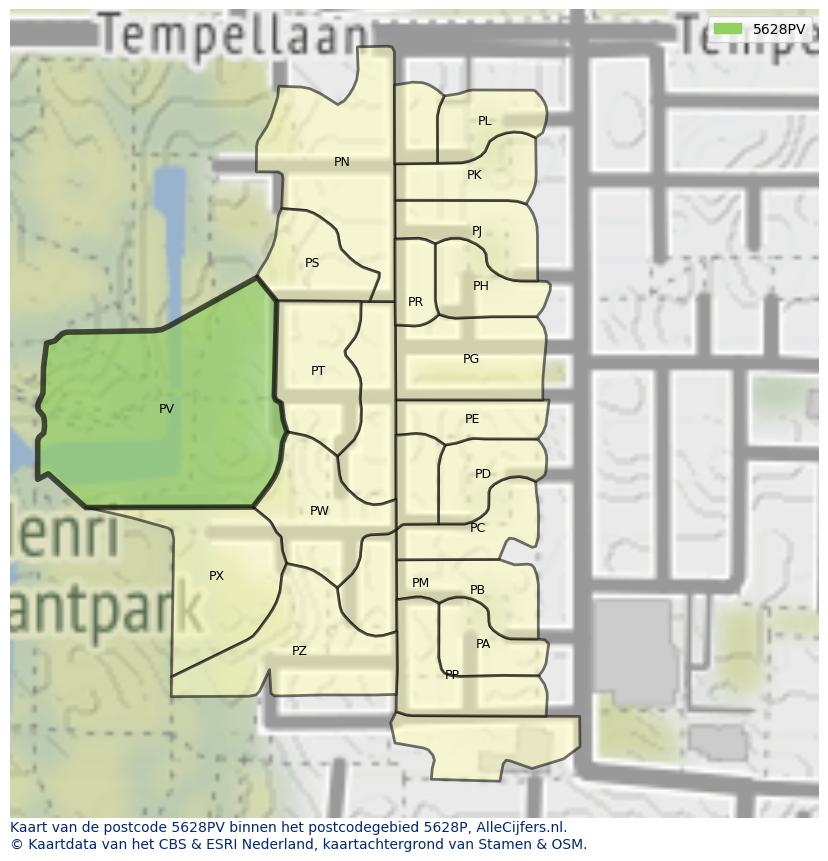 Afbeelding van het postcodegebied 5628 PV op de kaart.