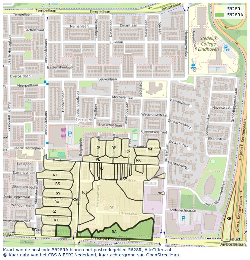 Afbeelding van het postcodegebied 5628 RA op de kaart.