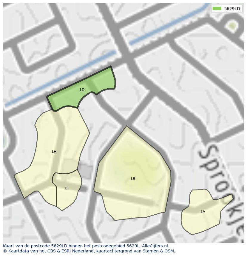 Afbeelding van het postcodegebied 5629 LD op de kaart.