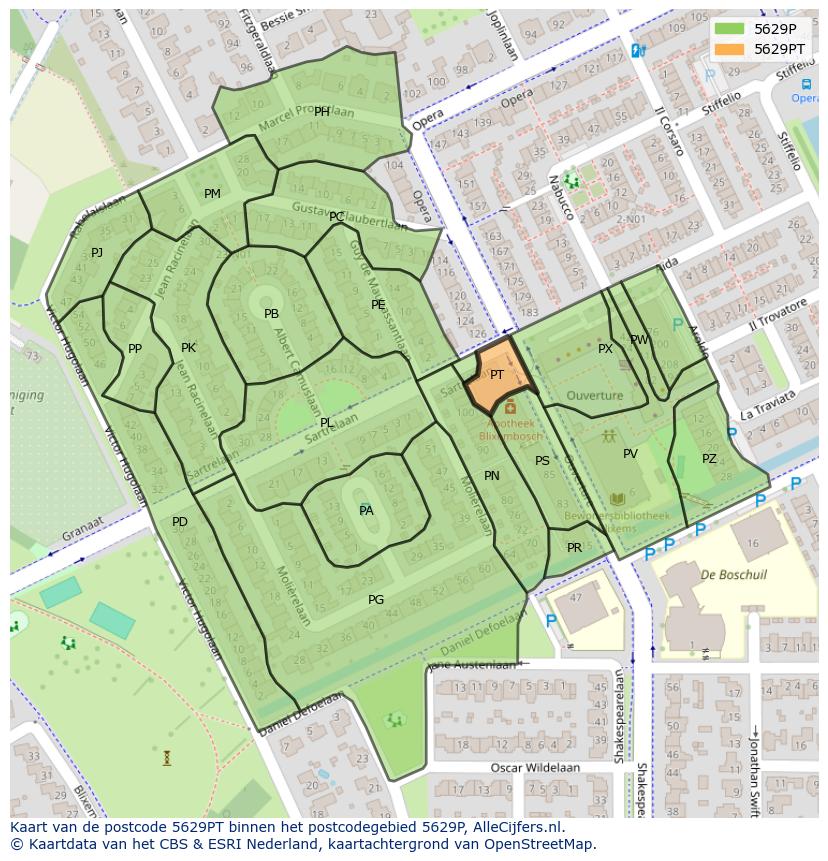 Afbeelding van het postcodegebied 5629 PT op de kaart.